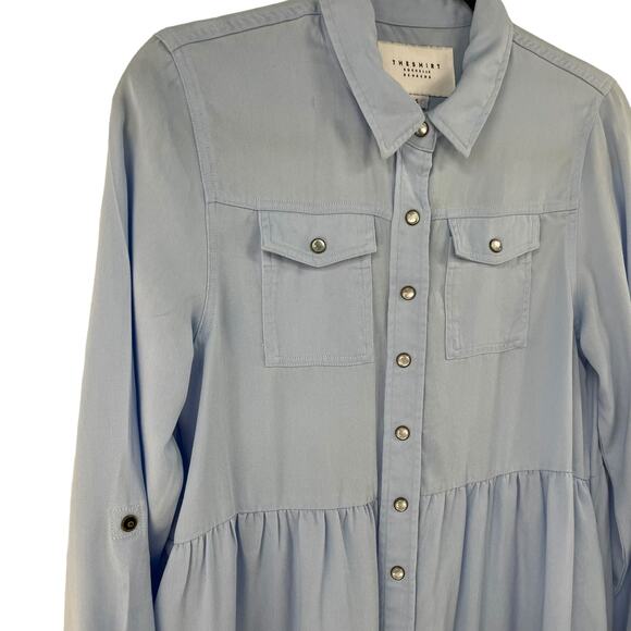The Shirt Rochelle Behrens Snap Button Front Tiered Shirt Dress Blue Small AS IS - Picture 3 of 8